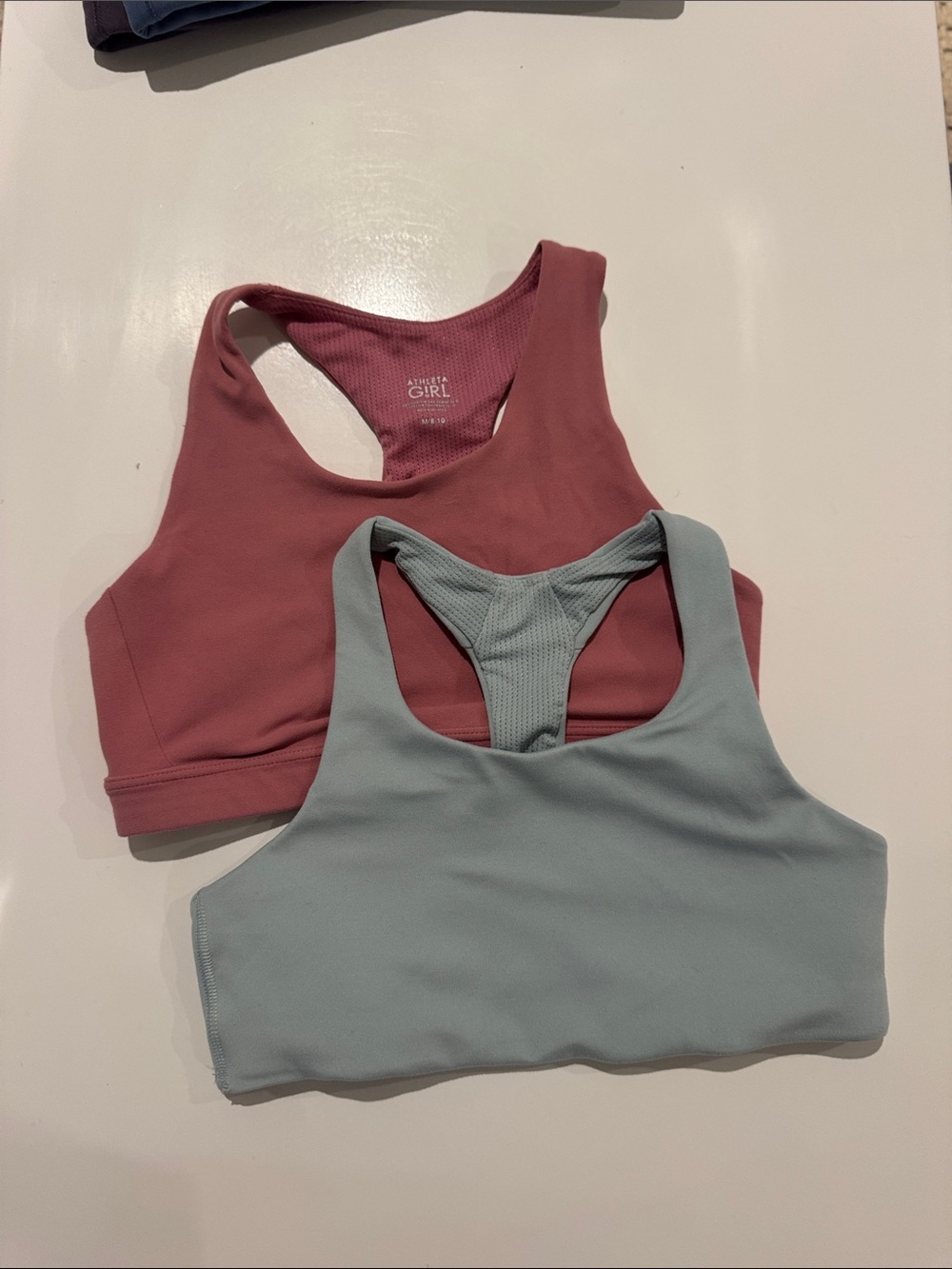Athleta Girls Racerback Sports Bras in Mauve and Light Blue